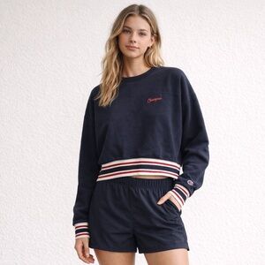 Champion Embroidered Navy Slight Cropped Sweatshirt W/ Red & White Elastic Hems